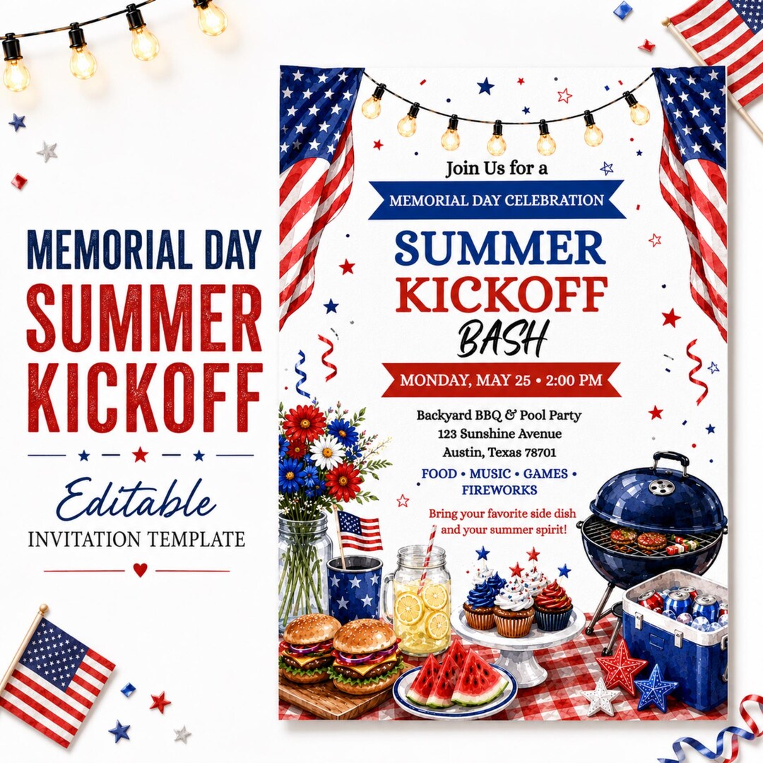 Memorial Day Summer BBQ Invitation Template, Patriotic Pool Party ...