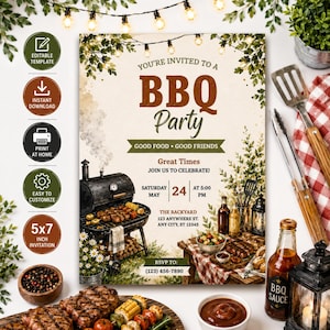 May include: A BBQ party invitation with a rustic design. The invitation features a grill, food, and the text "You're Invited to a BBQ Party." The invitation is 5x7 inches.