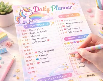 Magical Unicorn Daily Planner, Kawaii Rainbow Productivity Journal Printable, Cute Kids Schedule