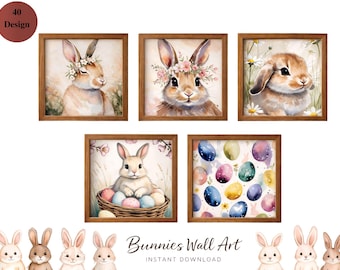 40 Easter Bunny Wall Art Set, Watercolor Spring Gallery Wall Decor, Pastel Bunny Prints, Nursery Easter Decor, Cottagecore Digital Download