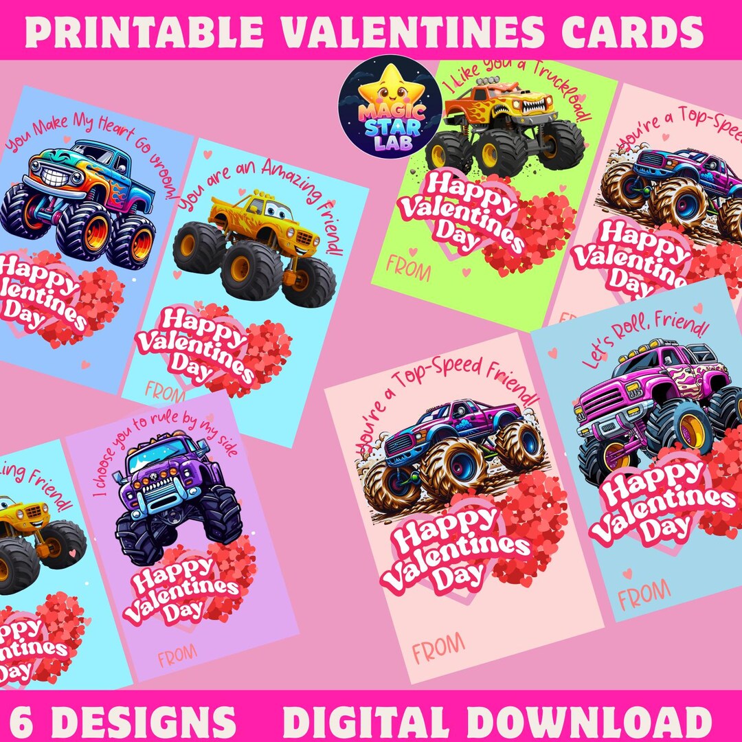 Monster Truck Valentine Cards Printable, Kids Classroom Valentines ...