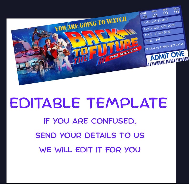 Printable Back to the Future Musical Theatre Ticket, Editable Broadway ...
