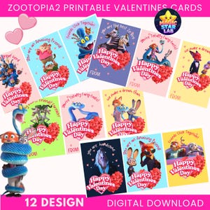 Puede incluir: Una colección de doce tarjetas de San Valentín con temática de Zootopia. Cada tarjeta presenta personajes de la película, con mensajes como "Feliz Día de San Valentín" y "¡Eres un amigo increíble!" Las tarjetas están decoradas con corazones y fondos coloridos.