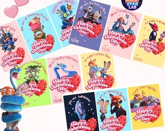 Zootopia 2 Valentine Cards Printable, 12 designs, Kids Valentines, Animal Classroom Valentines ,Judy Hopps, gary Printable Valentine Bundle