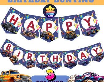 Monster Truck Geburtstagsbanner druckbare, 3 Farben, LKW-Thema-Geburtstags-Partydeko, Jungen-Geburtstagsbanner, Dirt Track Off-Road-Party