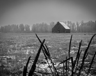 Black and White Snowy Barn Photograph, Rustic Farmhouse Winter Landscape Print