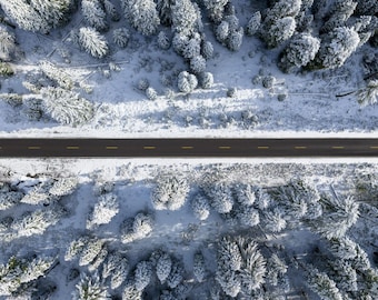 Winter Road Landscape Photograph, Snowy Forest Aerial Print