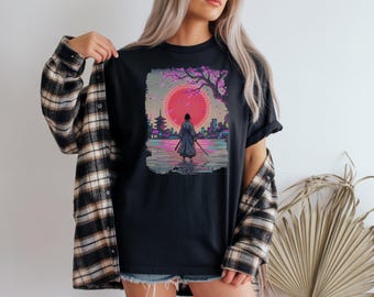 Cyberpunk Ukiyo-e Inspired Anime Girl Neon Japanese Art T Shirt Retro Synthwave Vaporwave Streetwear Graphic Tee Unisex