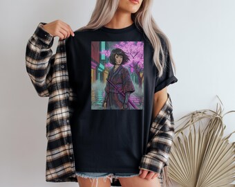 Neon Cyberpunk Anime Girl T Shirt Futuristic Street Samurai Aesthetic Synthwave Graphic Tee Urban Streetwear Unisex