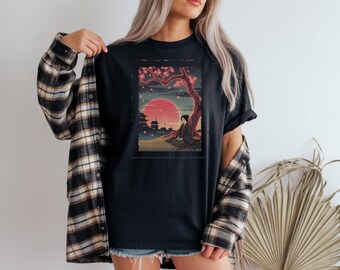 Neon Japanese Sunset T Shirt Cyberpunk Ronin Synthwave Aesthetic Graphic Tee Vaporwave Streetwear Unisex