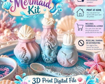 May include: A Mermaid Kit digital file set featuring three pastel-coloured bottles with seashell and mermaid motifs, a matching spoon, and text overlays including 'Mermaid Kit', '3D Print Digital File', and usage instructions for home printing.