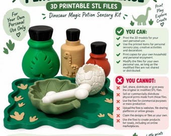 May include: A 3D printable Dinosaur Magic Potion Sensory Kit featuring a green tray with dinosaur footprints, three bottles with black caps, a white egg-shaped container, and a white bone-shaped tool. Text includes Personal Use License.