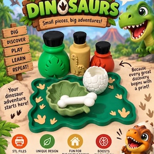 May include: A Magic Kit to the World of Dinosaurs set featuring three coloured bottles with black caps, a green leaf-shaped tray with dinosaur footprint patterns, a white cracked eggshell, and a white bone-shaped object, all displayed with text.