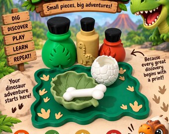 May include: A Magic Kit to the World of Dinosaurs set featuring three coloured bottles with black caps, a green leaf-shaped tray with dinosaur footprint patterns, a white cracked eggshell, and a white bone-shaped object, all displayed with text.