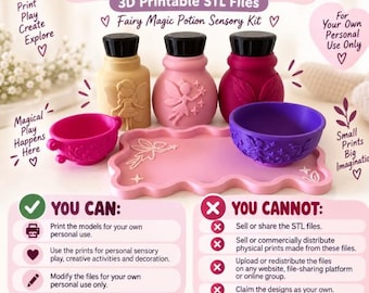 May include: A 3D printable STL file set for a Fairy Magic Potion Sensory Kit, including three bottles with black caps, two small bowls in pink and purple, and a pink rectangular tray with scalloped edges, all featuring embossed fairy designs.
