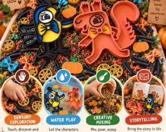 May include: A sensory play kit titled The Squirrel and the Bird featuring a blue and yellow bird figure and an orange squirrel figure. The kit includes colourful pasta shapes, small pumpkin cutouts, and four circular activity icons.