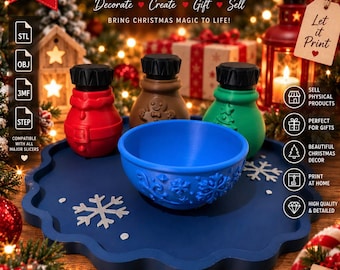 May include: A digital Christmas kit 3D printable file featuring a blue bowl with snowflake patterns, a red Santa-themed container, a brown gingerbread-themed container, and a green tree-themed container, all displayed on a dark blue scalloped tray.