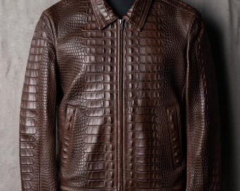 Handmade Crocodile Embossed Cowhide Leather Jacket – Vintage Biker Style