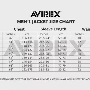 May include: A size chart for AVIREX men's jackets, displaying chest, sleeve length, and waist measurements in inches and centimeters. Sizes range from XS to 5XL, with corresponding measurements for each size. The chart includes a note about custom sizes.