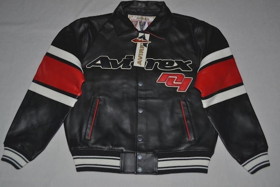 Avirex, Avirex ICON Black Faux Leather Racing Jacket, Red & White Stripe