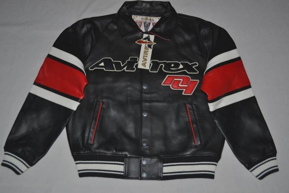 Avirex, Avirex ICON Black Faux Leather Racing Jacket, Red & White Stripe