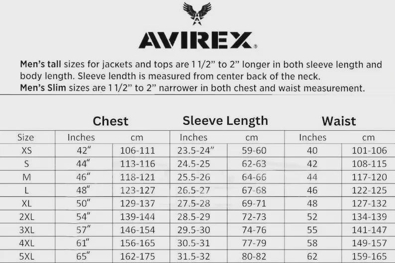 May include: A size chart for jackets and tops, featuring chest, sleeve length, and waist measurements in inches and centimeters. The chart includes sizes XS to 5XL, with corresponding measurements for each size. The brand logo AVIREX is at the top.