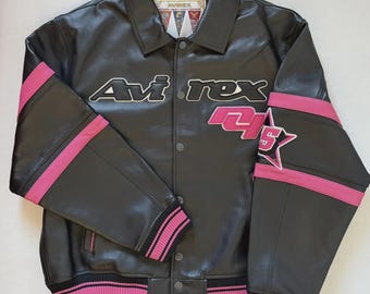 Avirex Black Leather Bomber Jacket, American Flight Style
