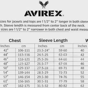 May include: A size chart for jackets and tops, featuring chest, sleeve length, and waist measurements in inches and centimeters. The chart includes sizes XS to 5XL, with corresponding measurements for each size. The brand logo AVIREX is at the top.