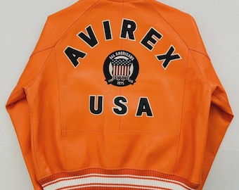 Men’s Iconic Avirex Leather Jacket Black American Bomber Jacket Gift for him