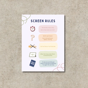 May include: A white poster with the text "SCREEN RULES" and illustrations. The rules include time limits, permission requests, and guidelines for using devices. A small "RULE BOOK" graphic is also present.