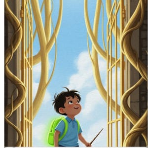 May include: An illustration of a young boy with a green backpack and a wand, gazing upwards at a bright blue sky framed by golden arches and vines. The image is from "The School for Cloud Makers" by Ahmad Muflih.