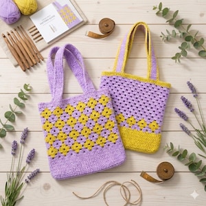 May include: Two handmade crochet tote bags in lavender and yellow. The bags feature a floral pattern and sturdy handles. The image also includes crochet hooks, yarn, and a pattern guide, suggesting a DIY craft project.