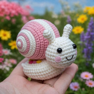 May include: A handmade crochet snail toy with a pink and white striped shell. The snail's body is white, with black eyes and pink cheeks. The snail is held in a hand, with a blurred floral background.