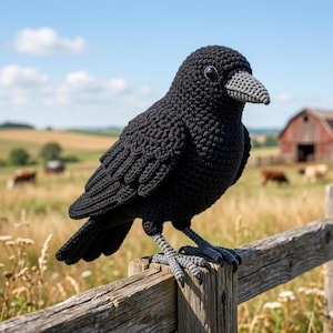 Könnte beinhalten: Ein handgehäkelter, schwarzer Rabe sitzt auf einem verwitterten Holzzaun. Der Vogel hat einen grauen Schnabel und Füße, mit detaillierten Federn. Im Hintergrund eine ländliche Szene mit roter Scheune und grasenden Kühen.
