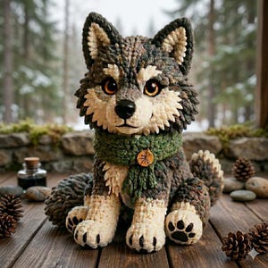 Può includere: Una bambola a uncinetto a forma di lupo fatta a mano, con una sciarpa verde e un ciondolo di legno. Il lupo ha filato marrone, grigio e crema, con cuscinetti neri. È seduto su una superficie di legno con pigne.