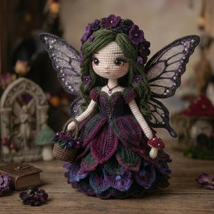May include: A handcrafted crochet fairy doll with green hair, a purple floral crown, and large, detailed wings. The doll wears a layered purple and green dress and holds a small basket. A mushroom and a small book are in the background.