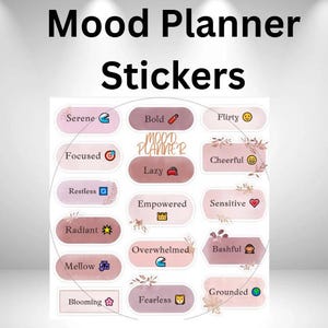 May include: A sheet of stickers labeled "Mood Planner Stickers" with various mood-related words like "Serene," "Focused," and "Cheerful." Each sticker has a unique icon and is in a soft color palette of pinks, purples, and browns.