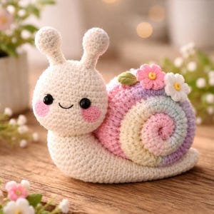 May include: A handmade crochet snail with a cream-colored body, pink cheeks, and a smiling face. The snail's shell is a spiral of pastel colors, adorned with small crochet flowers. A charming, whimsical decorative item.
