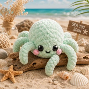 May include: A light green crocheted octopus with black eyes and pink cheeks rests on driftwood. The plush toy has eight tentacles and a smiling face. The background includes a beach scene with seashells and a sign that says "SEA YOU SOON".