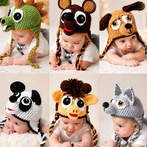Paquete de 6 patrones de gorros de ganchillo de animales para bebés en formato PDF: dinosaurio, oso, cachorro, panda, jirafa y lobo. Patrón de amigurumi.