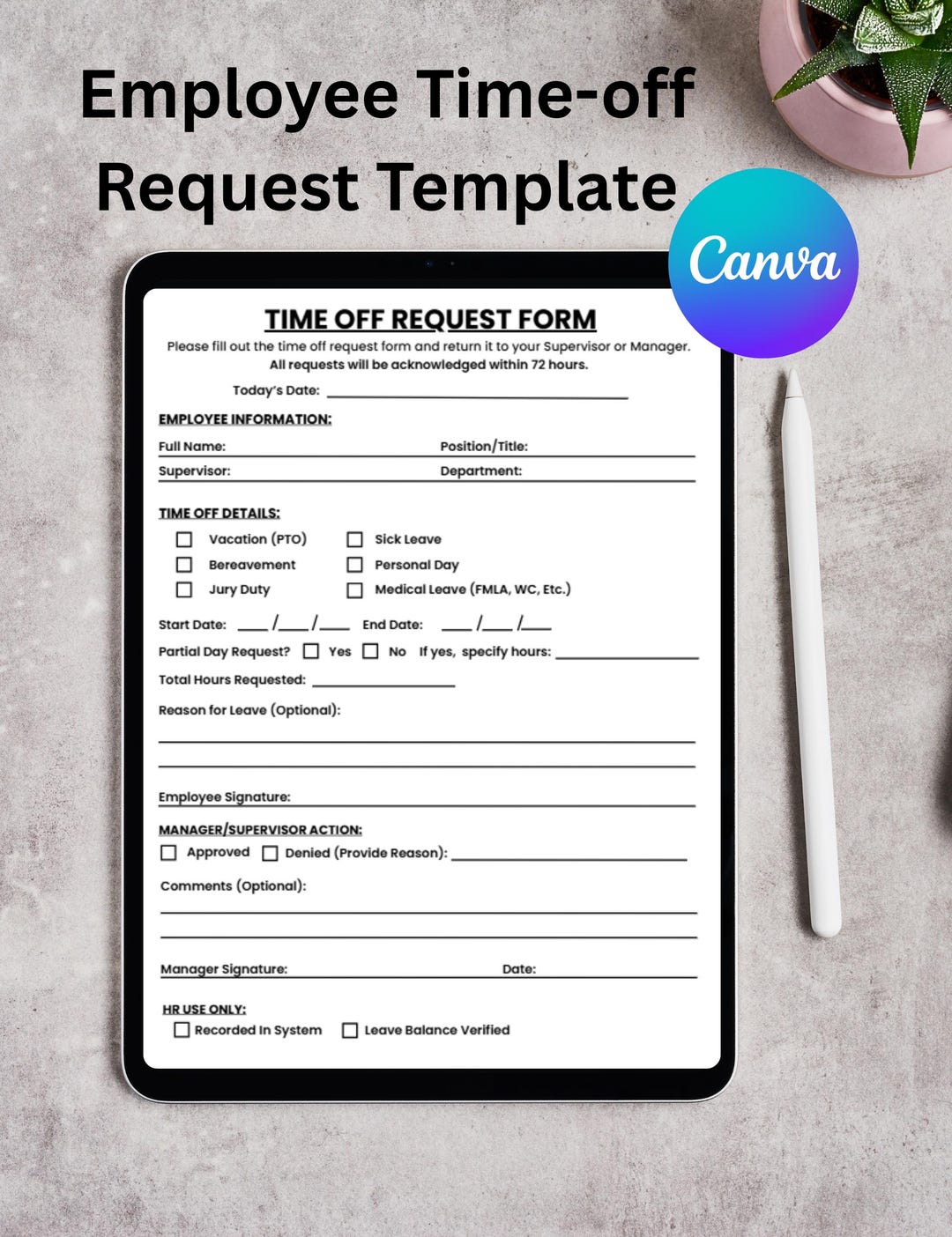 Employee Time-off Request Template – Editable PTO Vacation Form (canva ...