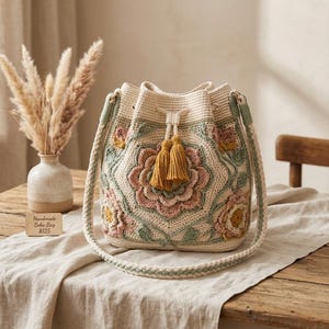 May include: A cream-colored, handmade crochet boho bag with a floral design in pink, yellow, and green. The bag has a drawstring closure, braided straps, and a pair of yellow tassels. The bag is sitting on a wooden table.