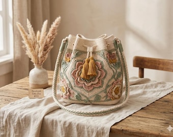 Modèle de fourre-tout fleur au crochet PDF - Tutoriel de sac carré grand-mère bohème, sac à main d'été bricolage, téléchargement numérique instantané
