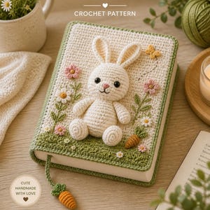 May include: A crocheted book cover with a bunny design. The cover is cream-colored with a green border and features a white bunny, flowers, and a carrot. The text "BOOK COVER CROCHET PATTERN" is at the top. The text "CUTE HANDMADE WITH LOVE", "BEGINNER FRIENDLY", "STEP-BY-STEP INSTRUCTIONS", and "PERFECT GIFT IDEA" are also visible.
