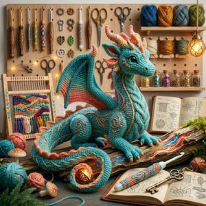 Può includere: Un drago all'uncinetto turchese con dettagli arancioni e rosa è appoggiato su un tronco di legno. L'immagine include uncinetti, filati e materiali per l'artigianato. Un uncinetto e una chiave sono su un libro con diagrammi.