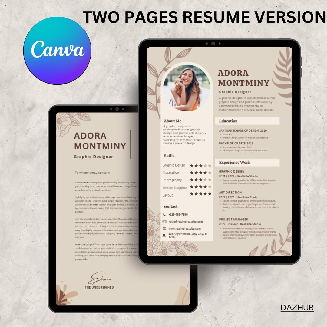 Modern Resume Template With Photo, Canva Editable CV (PDF Download) - Etsy