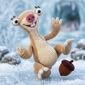 Könnte beinhalten: Eine gehäkelte Amigurumi-Figur eines Faultiers mit hellbraunem Fell, einem cremefarbenen Bauch, großen blauen Augen und zwei markanten Vorderzähnen. Das Faultier hat eine rosa Nase und ist mit erhobenem Arm neben einer kleinen braunen Eichel dargestellt.