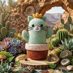 May include: A crocheted cactus cat with a yellow crown, black whiskers, and a pink nose, in a brown and beige pot. The cat is surrounded by cacti, succulents, and a desert landscape.