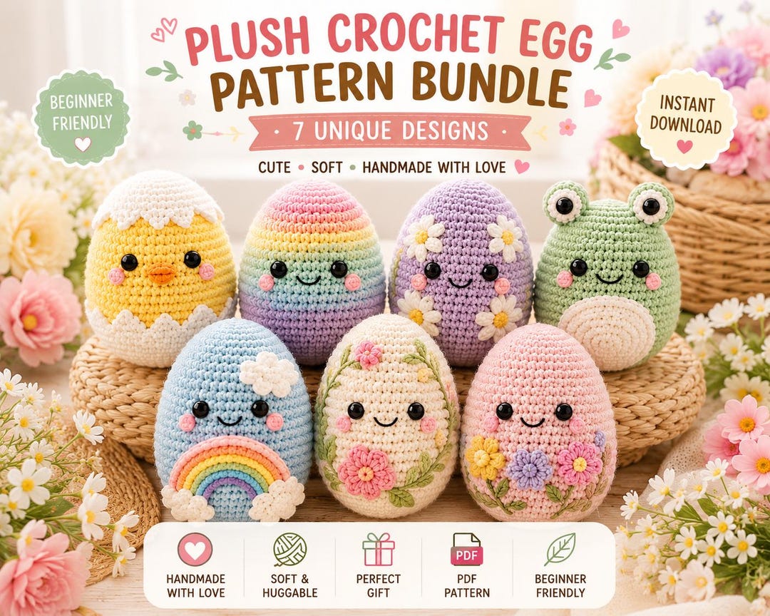 Plush Crochet Egg Pattern Bundle PDF – Cute Amigurumi Easter Eggs 8-in ...