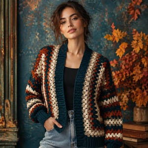 May include: A crochet cardigan with a granny square pattern. The open-front sweater has a colour block design with teal, cream, and rust-coloured squares. The cardigan is worn over a black top and blue jeans.